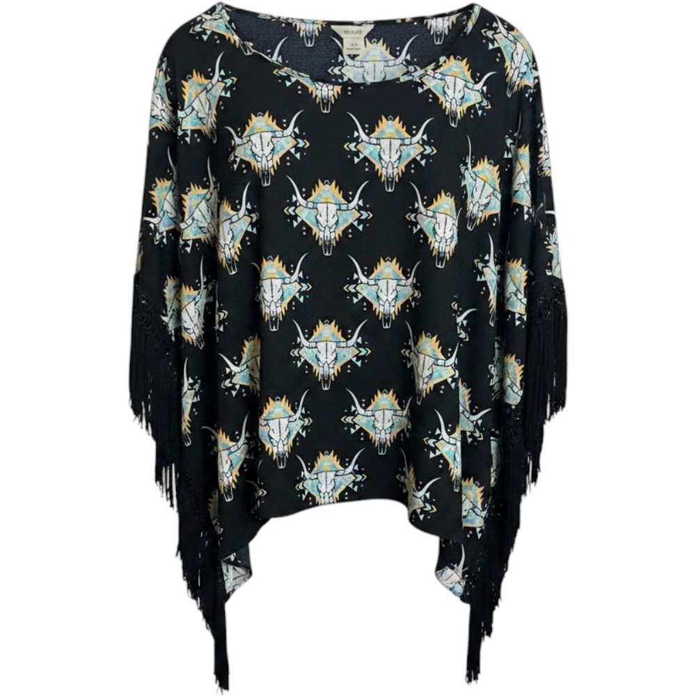 Ariat Poncho Sz L Black Steer Skull Geometric Fringe Western Festival Top